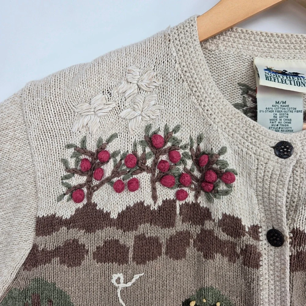 Vtg 90s Cottagecore Farm Sheep Cardigan Sweater Womens M Fall Autumn Rustic